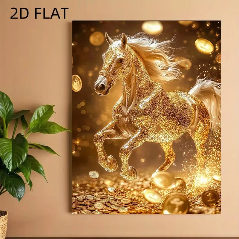 2D Flaches Goldenes Geld & Reichtum Wandkunst Poster - 30x40 cm Glänzend mit Galoppierendem Pferd & Gold - Moderner Rahmenloser Leinwanddruck S