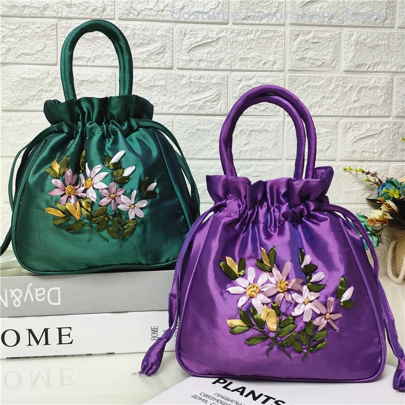 Ethnic Style Retro Embroidery Silk Drawstring Handbags Women Purse Wallets Jewerly Packing Storage Bucket Bag Hanfu Accessories