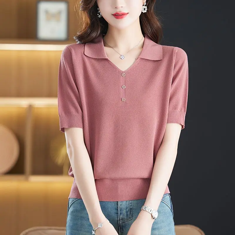 Women\'s Clothing 2023 Summer Korean Fashion Elegant Ice Silk Knitted T-shirt Solid Color V Neck Short Sleeve Loose Pullover Tops