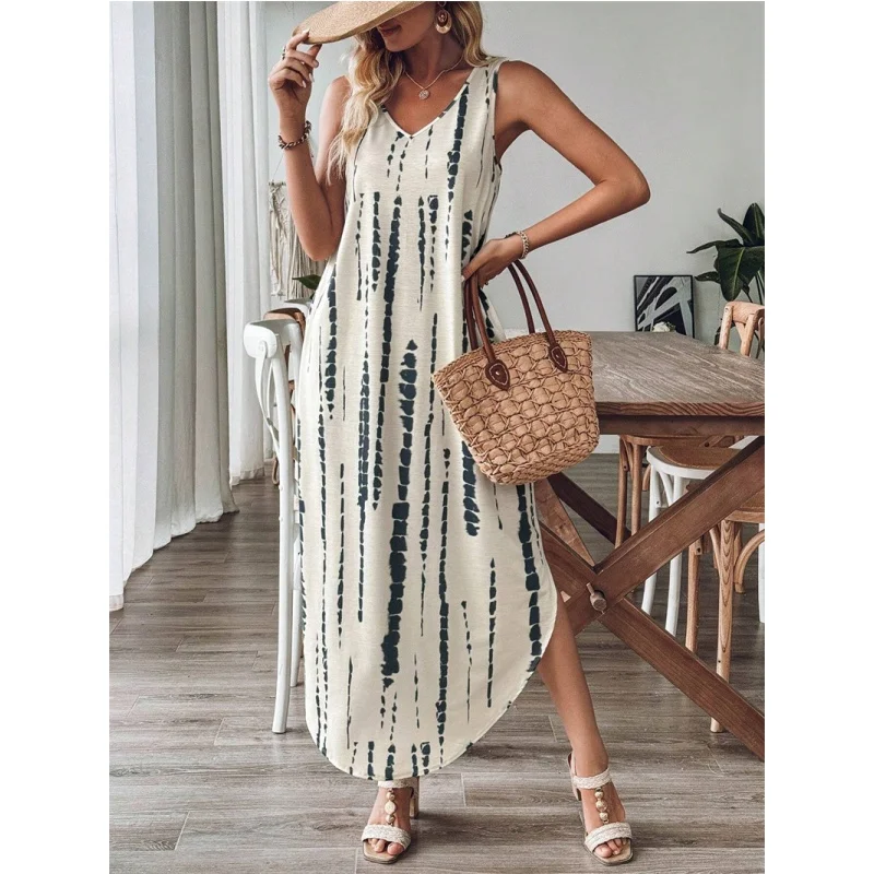 Summer Casual Print Svel High Waist A-Line Dr Women's Midi Skirt Dr Comfortable Cotton Polyester Fabric V-Ne