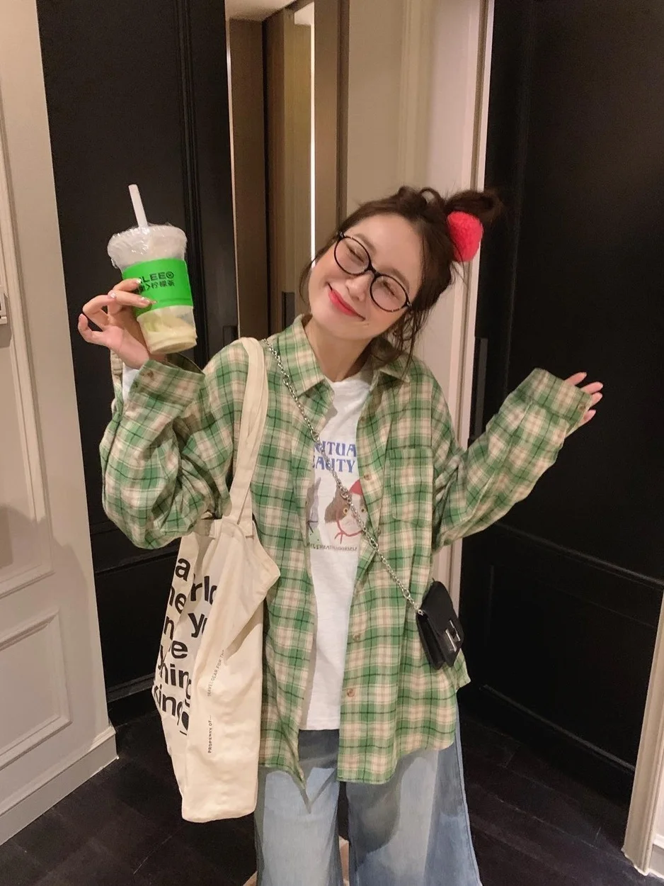 

Xubeng Japanese Sle Loose Collar Floing een Plaid Women's irt Autumn Outerwear Simple Sle Long Sve