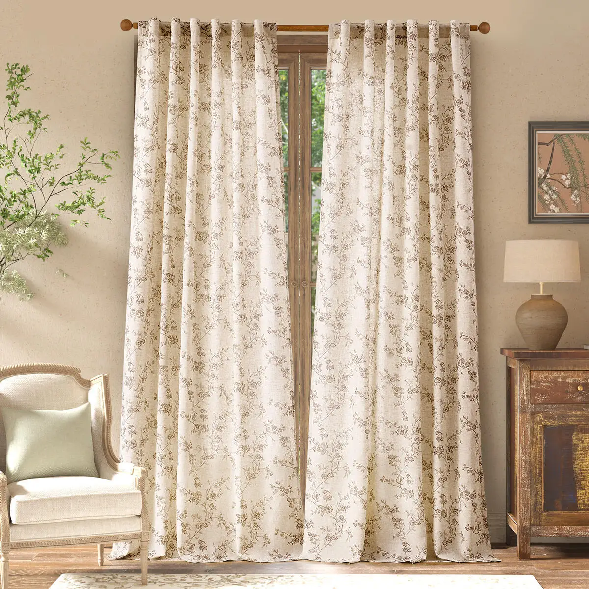 

JINCHAN 2 Panels Linen Curtains For Living Room French Floral Printed Curtain Back Tab Farmhouse Light-filtering Window Drapes