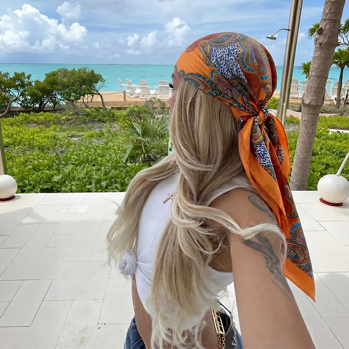 New Luxury Brand Bohemia Print Square Silk Scarf for Women Hijab Hair Bands Neckerchief Female Satin Shawl Bandana Headband 90cm