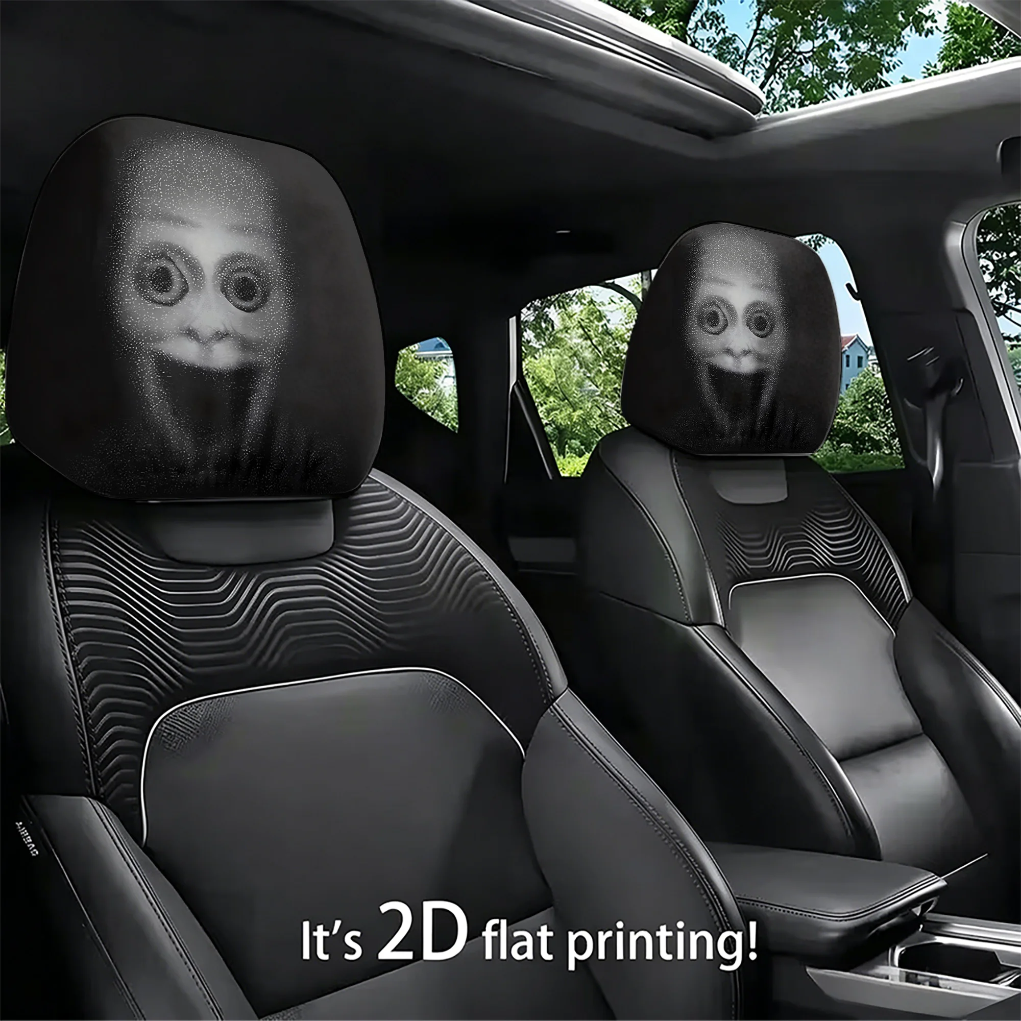 2pcs car headrest covers featuring eerie monster designs, adding a spooky atmosphere to your car’s interior. Does not include fi