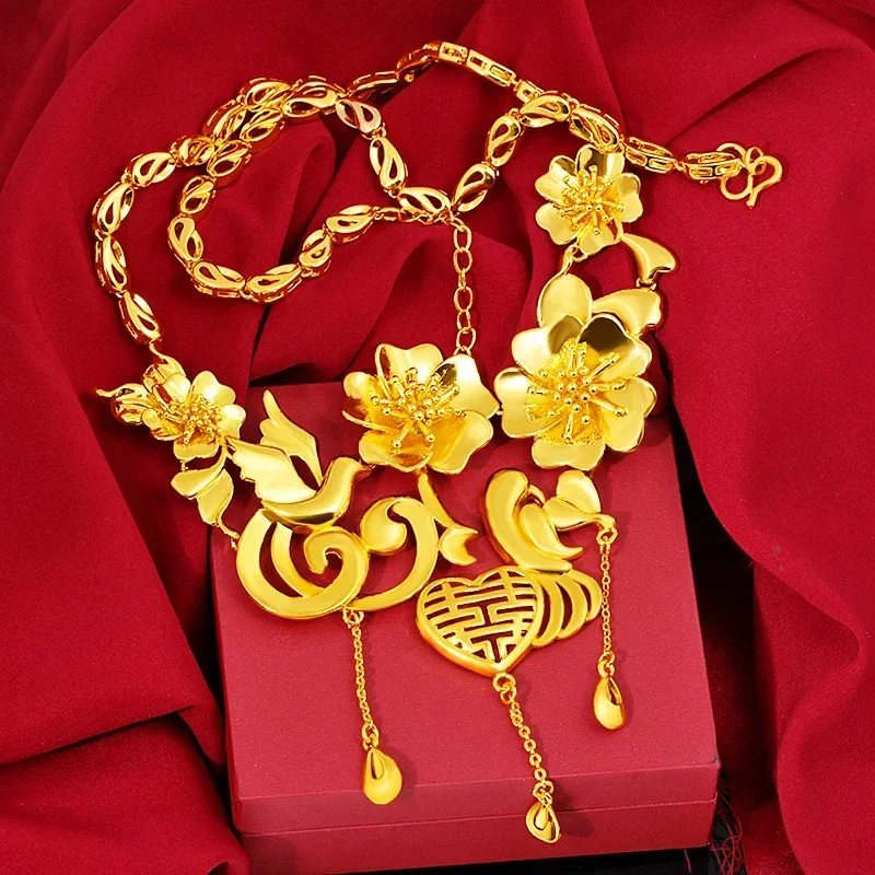 24K kalung liontin emas kuning untuk wanita, Kalung emas pasir Vietnam, set kalung bunga angin nasional perhiasan kalung pernikahan