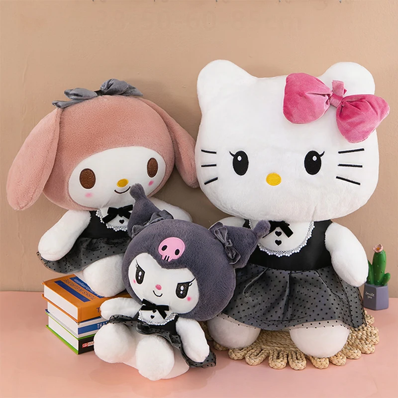 

Kawaii Kuromi My Melody плюшевая игрушка с черной юбкой с бантом, милая мягкая кукла Hello Kitty для детей, подарок на день рождения, Рождество, игрушка большого размера