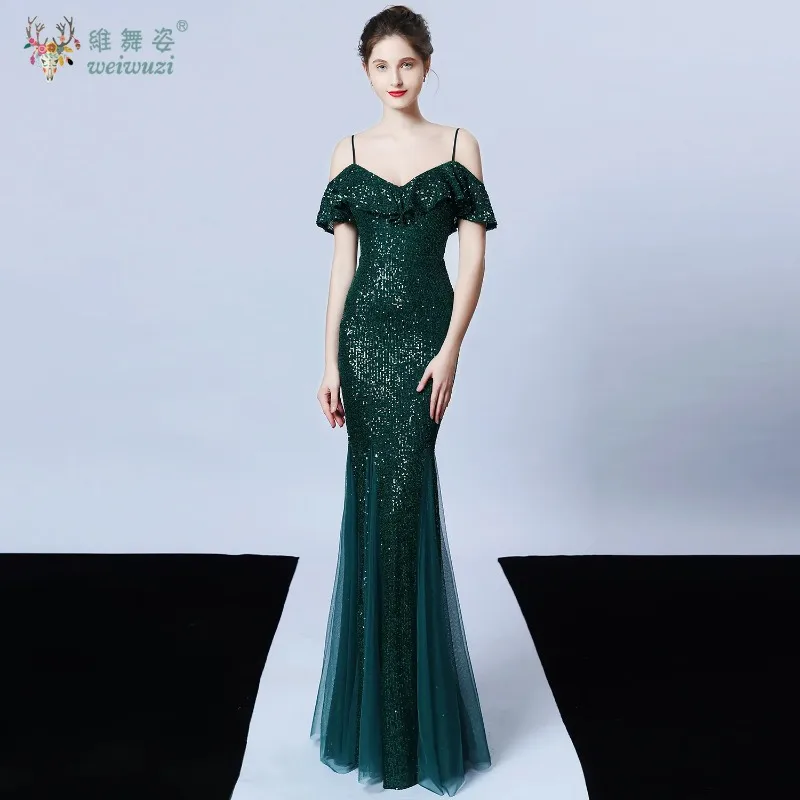 Elegant Women Straps Prom Evening Dresses Birthday Party Sexy Fishtail Dress Sequin Hight Waist Bodycon Tulle Bottom Dress Gown