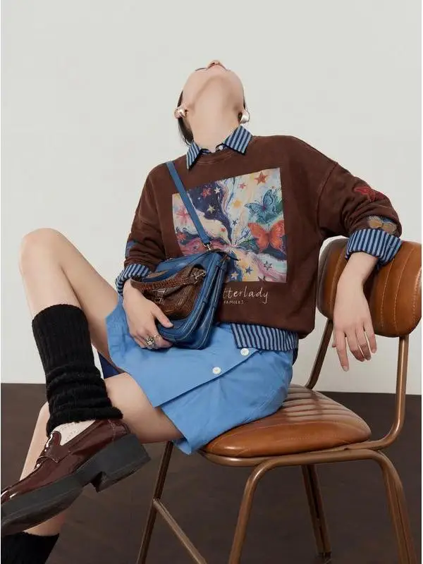 

Loose Casual Coffee Colored Wax Dyed Sweatshirt Women's Spring New Style Printed Top round Neck Long Sleeve Retro Style