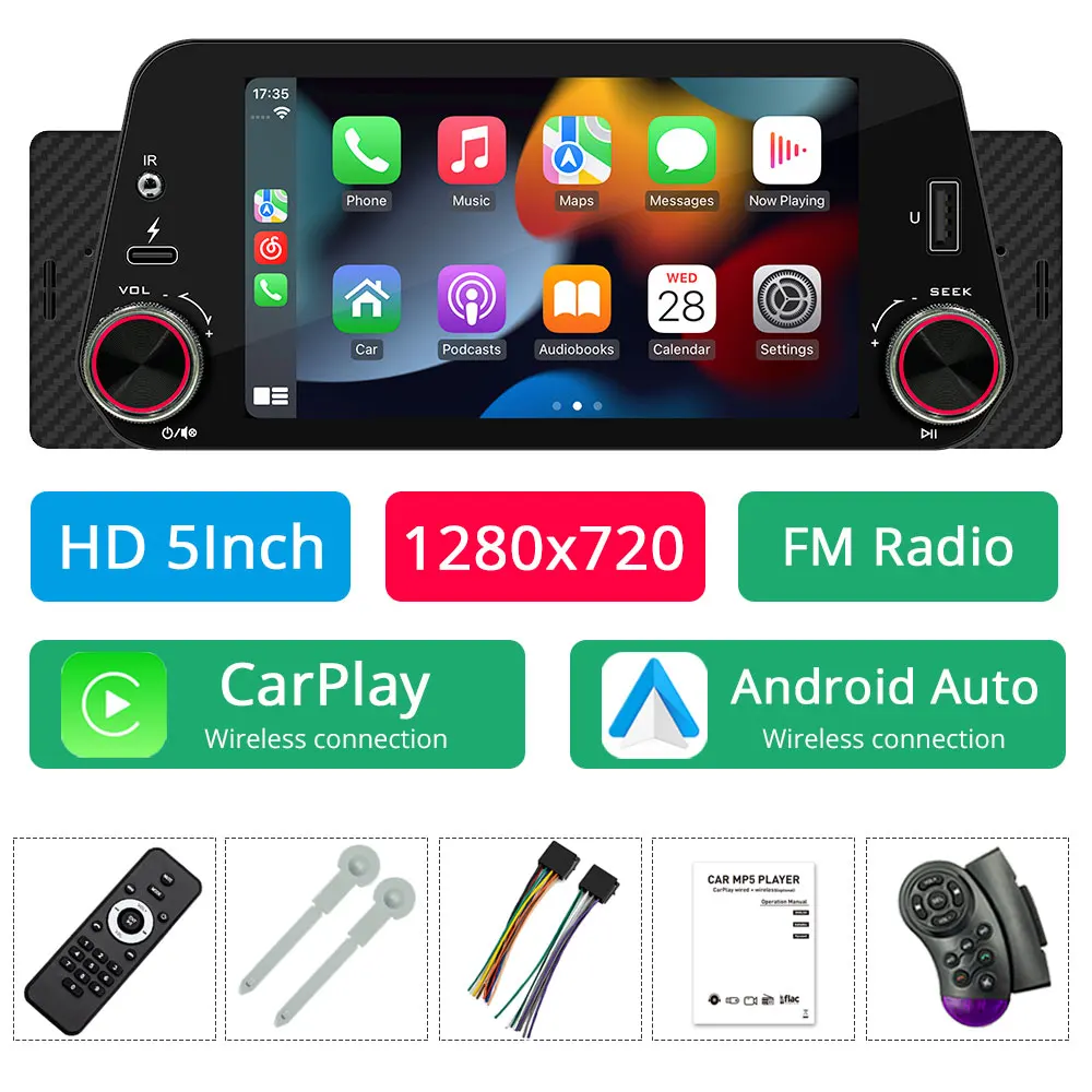 Draadloze Carplay Android Auto 5-Inch Autoradio Bluetooth 1Din Universele Multimedia MP5 Speler Touchscreen FM USB Spiegel Link
