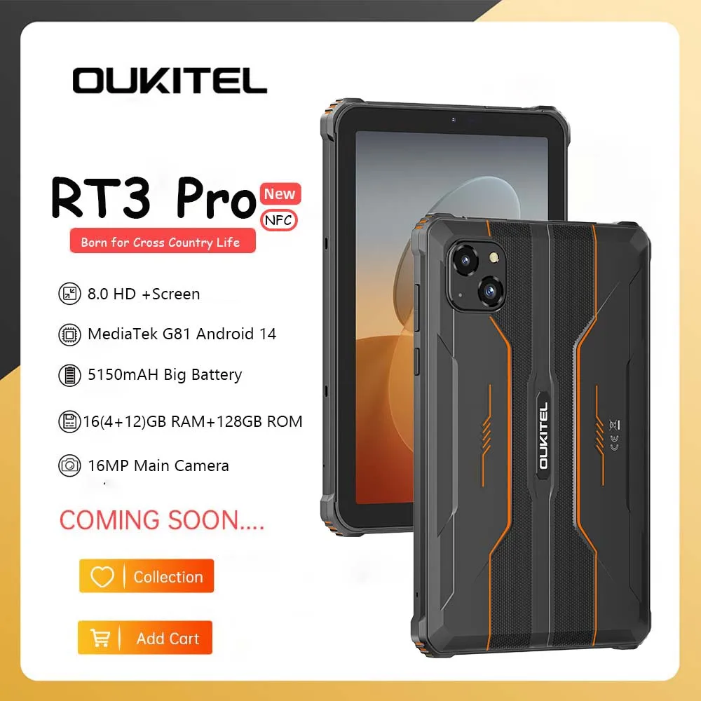 تابلت Oukitel RT3 PRO متين بشاشة 8 بوصات عالية الدقة وبطارية 5150 مللي أمبير في الساعة، كاميرا Android 14 16 ميجابكسل الرئيسية IP68 & IP69K & MIL-STD-810H