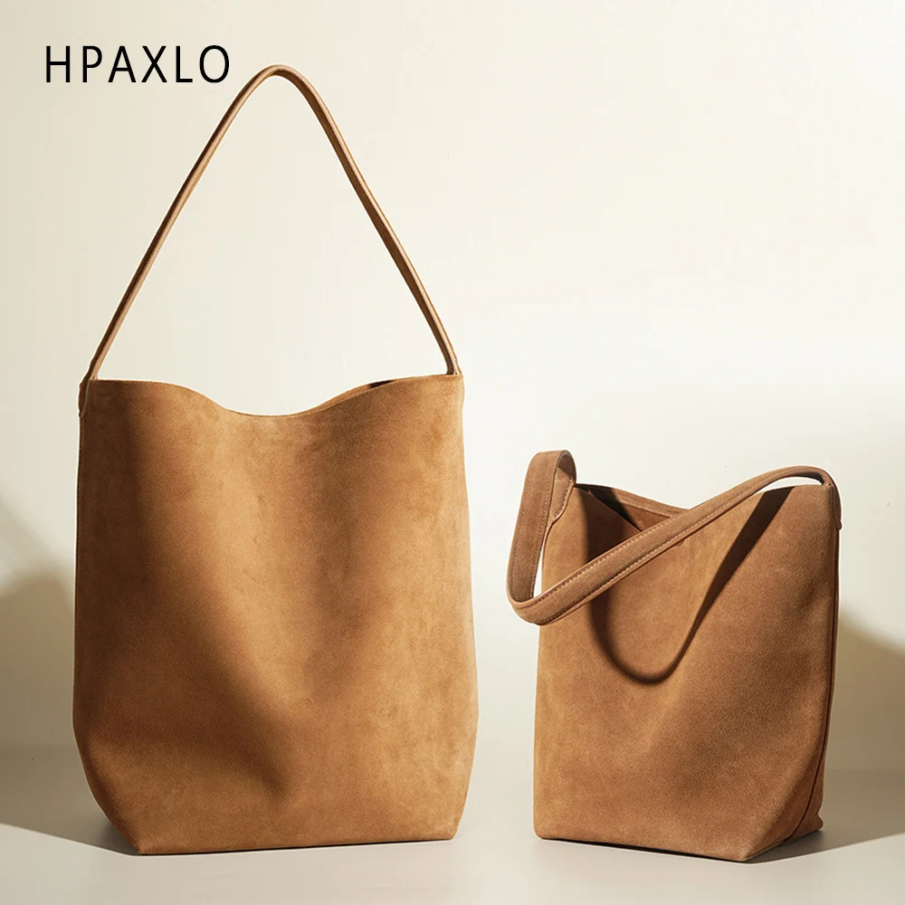 

Винтажная сумка-мешок из матовой яловой кожи, большая вместительная сумка на плечо для женщин, элегантная текстурированная замшевая сумка для женщин