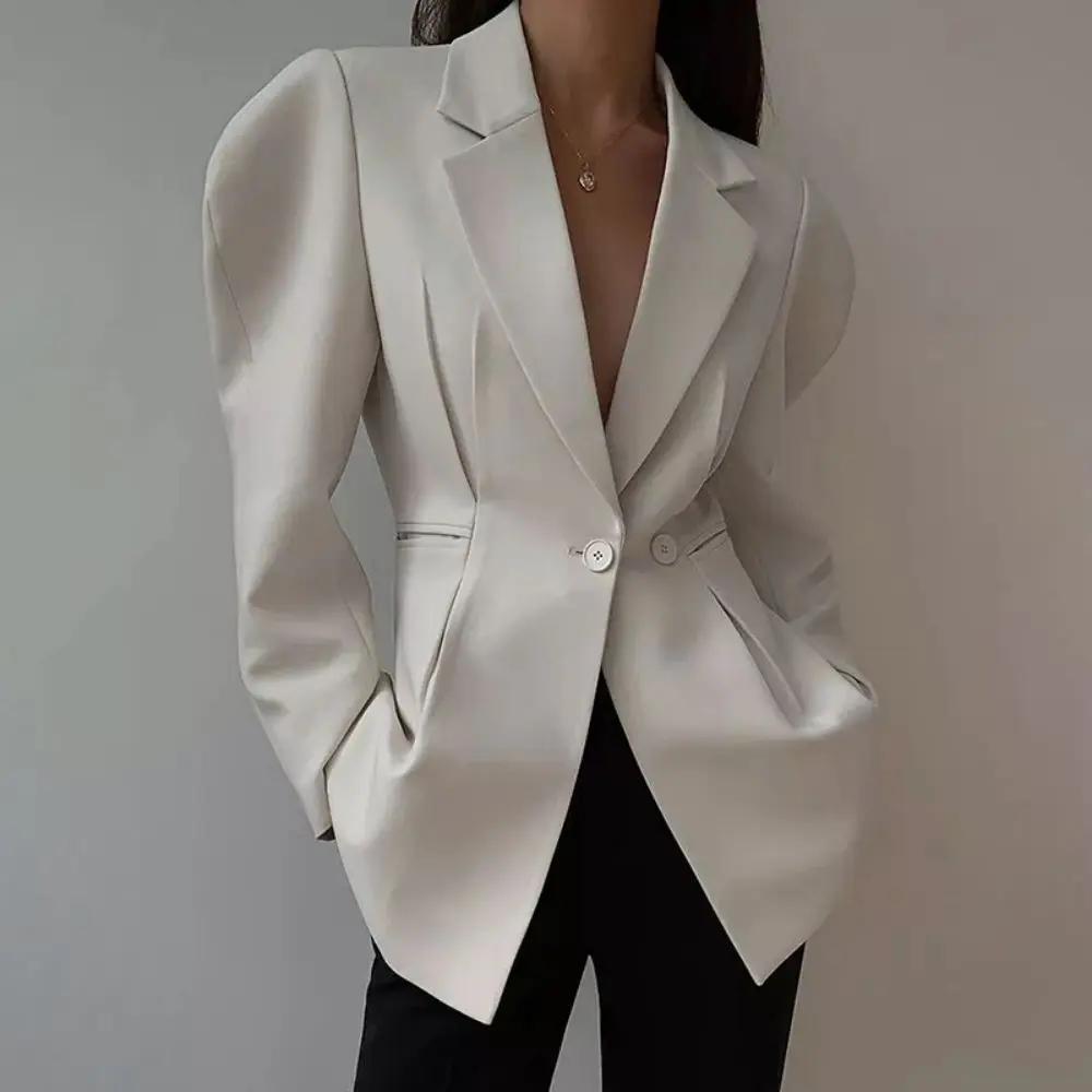 Spring New Design High Street Solid Blazer For Women Notched Collar Long Sleeve White Coat Female Tight Waist Fashion Jacket