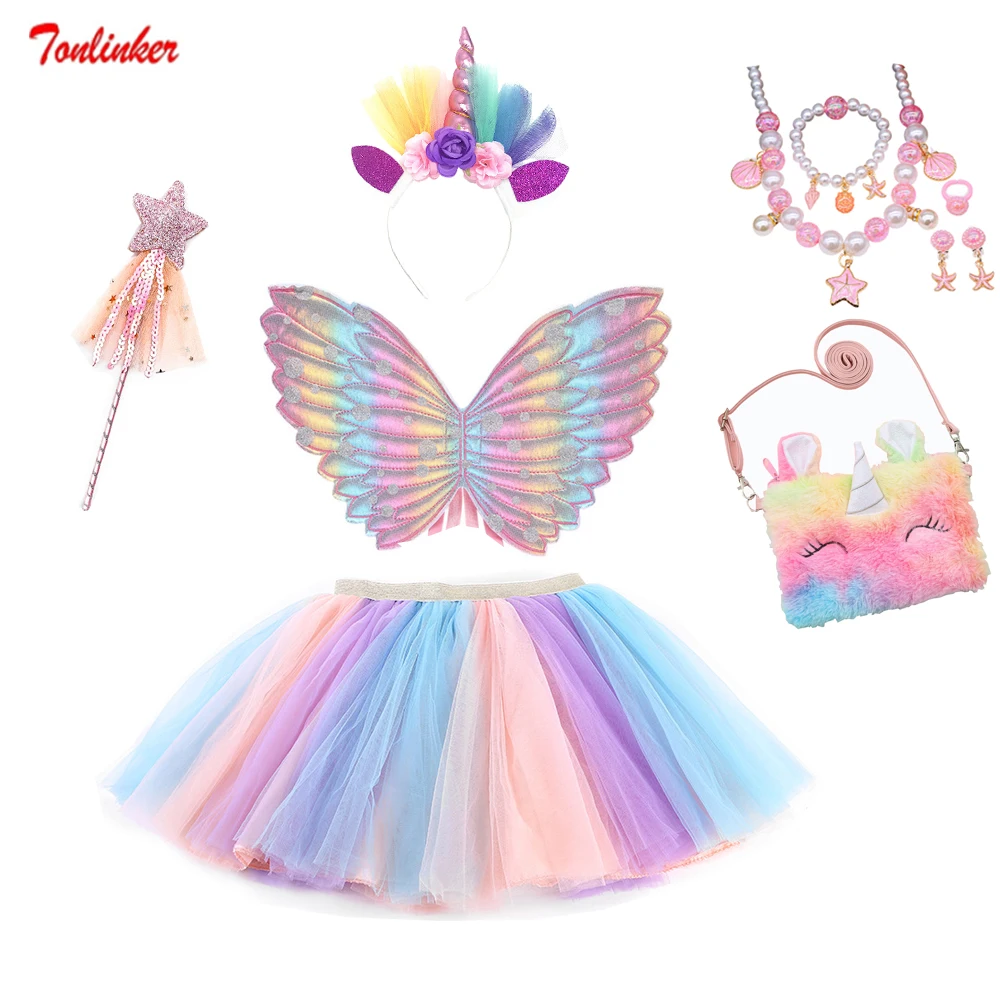 Costume de fête d'anniversaire pour enfants, mini jupon de bébé, jupe tutu arc-en-ciel, collier de sac, ailes trempées, fête de princesse, danse, Nairobi Orn