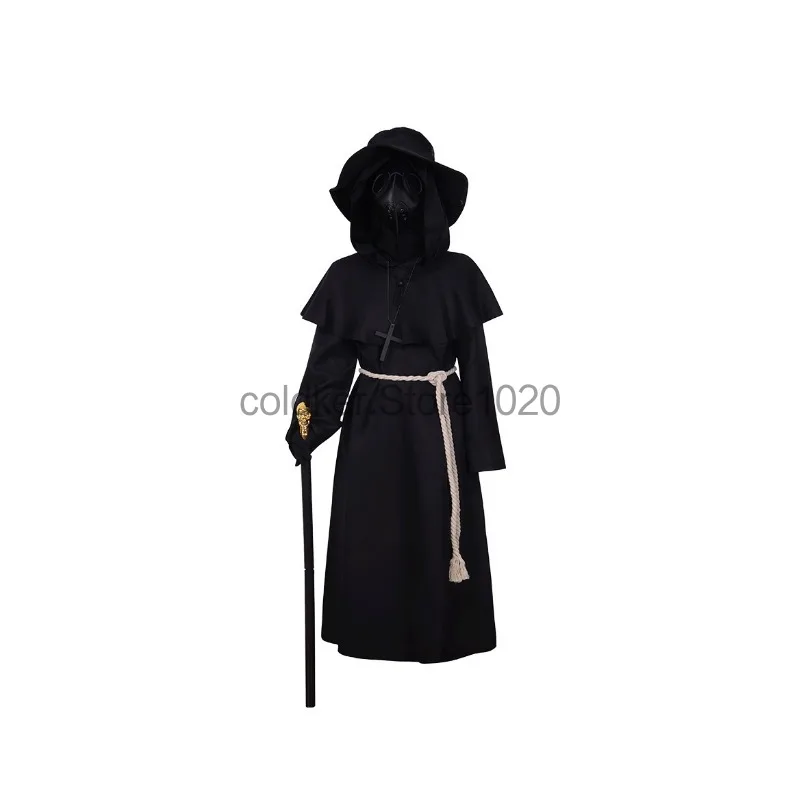 New Halloween Plague Doctor Cosplay Costume for Men Women Evil Black Hooded Robe Crow Beak Mask Adult Carnival Party Outfis view 3