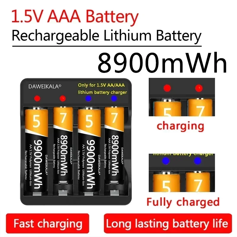 Rechargeable 8900mWh 1.5V AAA  Lithium-ion Battery 2000+ cycles for remote control mouse Electric toy with charger