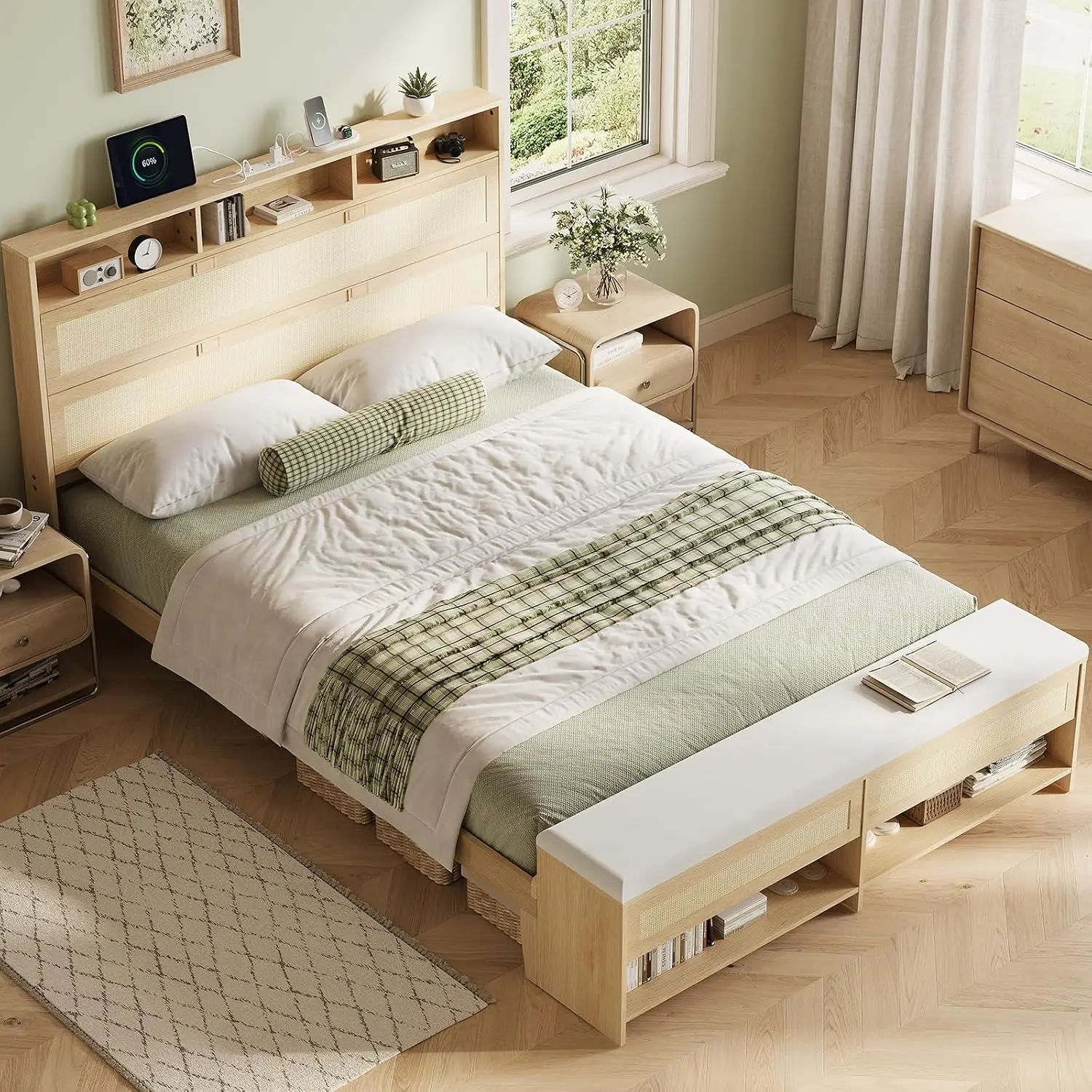 King Bed Frame Storage Headboard Charging Station Rattan Platform Shelves Footboard Cabinet No Box Spring Modern Bedroom Wood, C