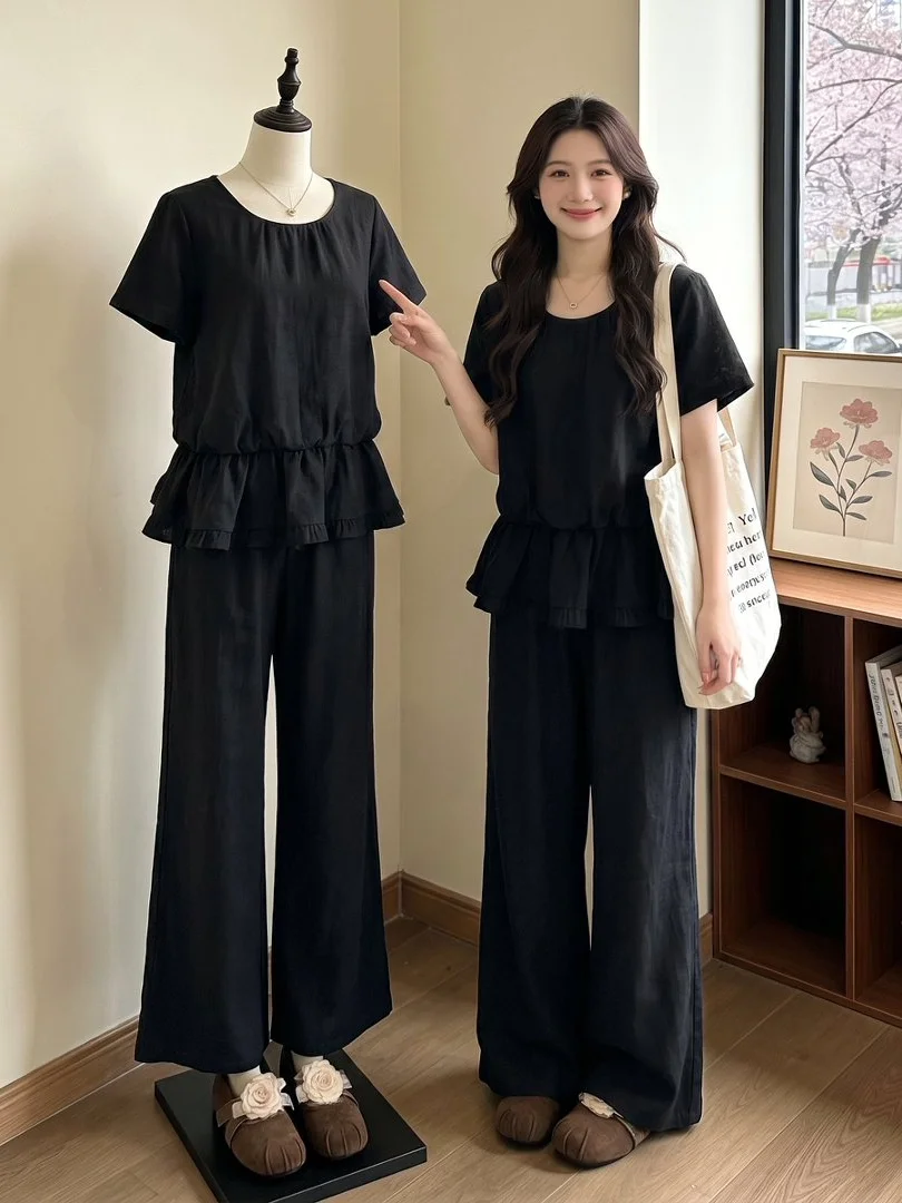 

plus Size Women's Summer Fashion Set Black Short Sleeve Shirt And Wide Leg Pants Two Piece Suite for Plump MM Commute Style