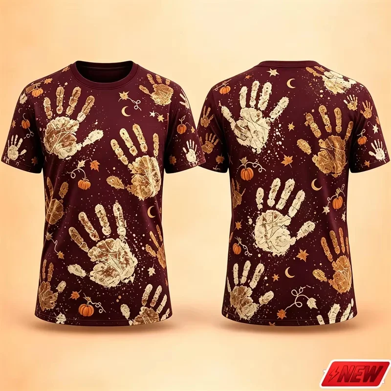 Vintage Handprint Pumpkin Maple Leaf Pattern T Shirt Men Halloween 3D Print Short Sleeve Tee Soft Party Novelty Top Unisex