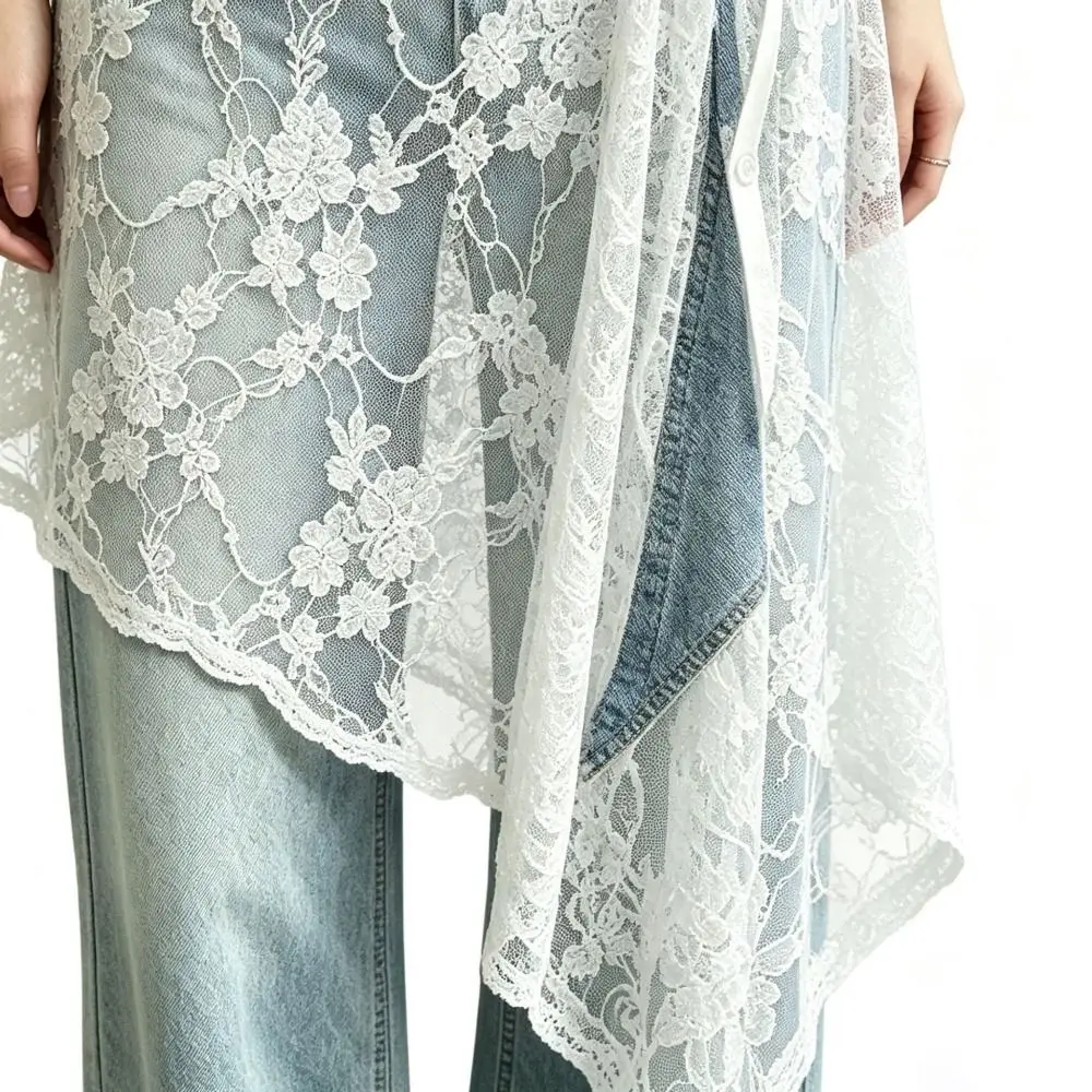 High Waist Lace Midi Skirt Irregular Side Slit Embroidered Flower Lace Drawstring Skirt Y2K Streetwear See Through