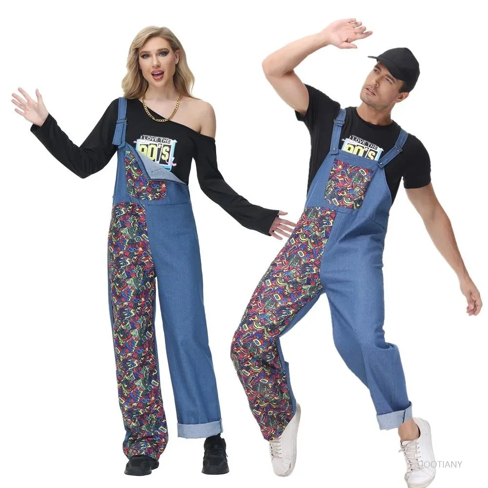 

Halloween Retro 70s Rock Disco Rave Party Hippie Hip Hop Casual Cosplay Costume Anime Super Plumber Couple Bodysuit Overalls Set