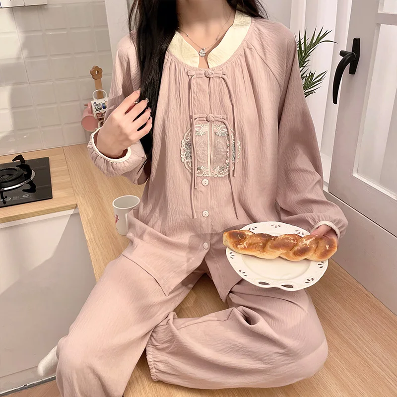 

Pajama Sets Women'S Home Clothes Button Front Cotton Loungewear Classic Opening Design Three Quarter Sleeve Full Length Pants OL