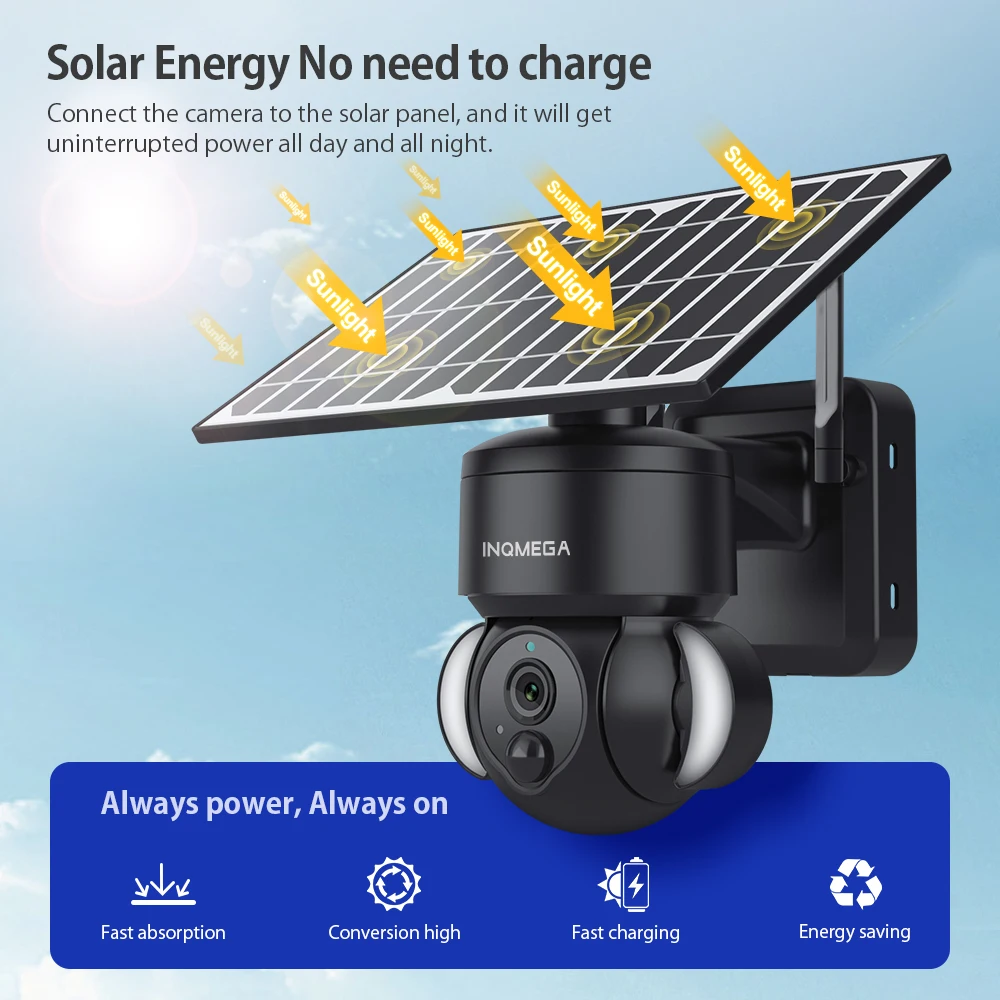 INQMEGA 4MP WIFI Tuya Solar Camera Outdoor Solar Panel Battery Surveillance Security Camera Support Alexa Google Home Video Cam