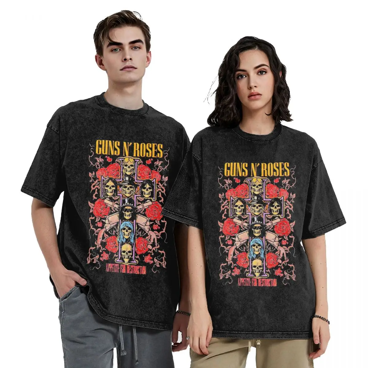 Washed T Shirts Guns N Roses Hip Hop Fashion T-Shirts Harajuku Streetwear 100% Cotton Printed Tops Tees for Men Women