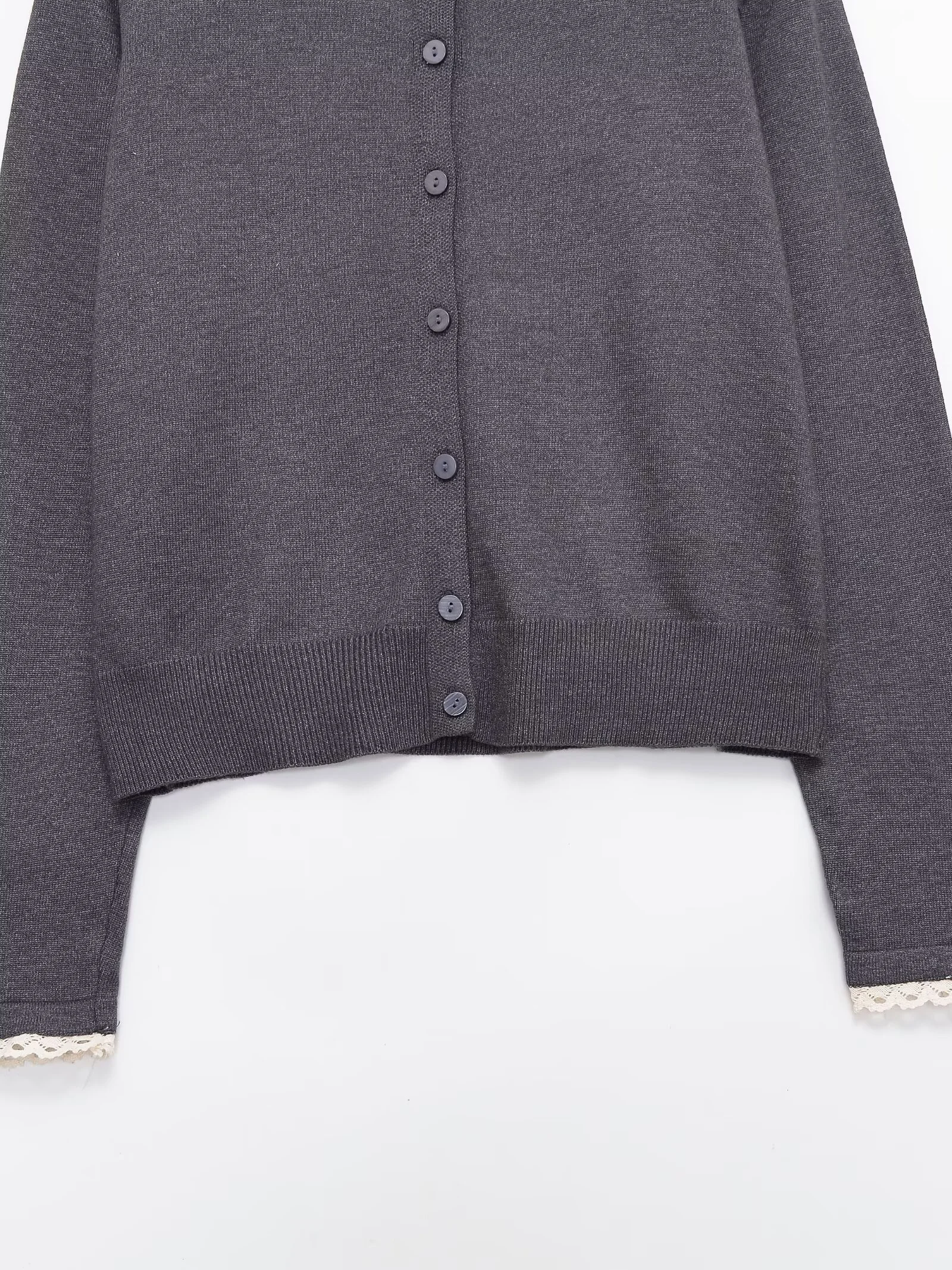 2025 شتاء جديد المرأة عادية حلوة موضة بسيطة المرقعة الجولة الرقبة طويلة الأكمام الدانتيل تقليم سترة مشغولة من الصوف