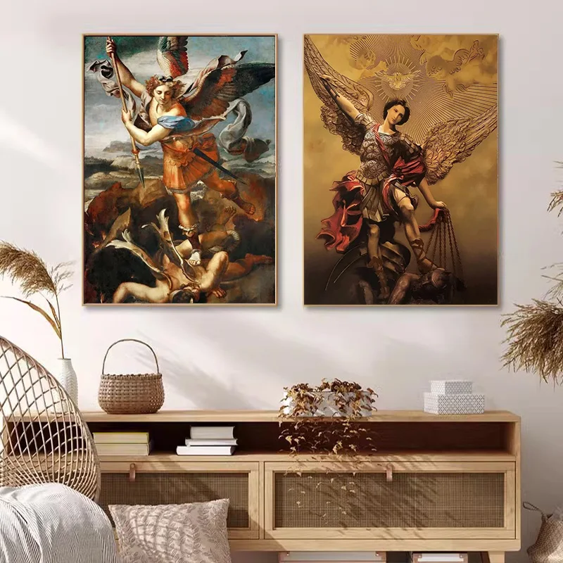 Vintage The Holy Archangel Michael Posters Print Devil Classic Canvas Painting Wall Art Religious Angel Pictures Room Home Decor