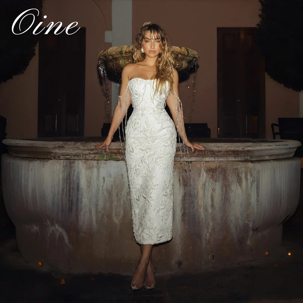 Oine Customized White Strapless Wedding Dress Beaded Lace Bodycon Midi Dress Crystal Chain Detail Formal Party Gown Plus Size