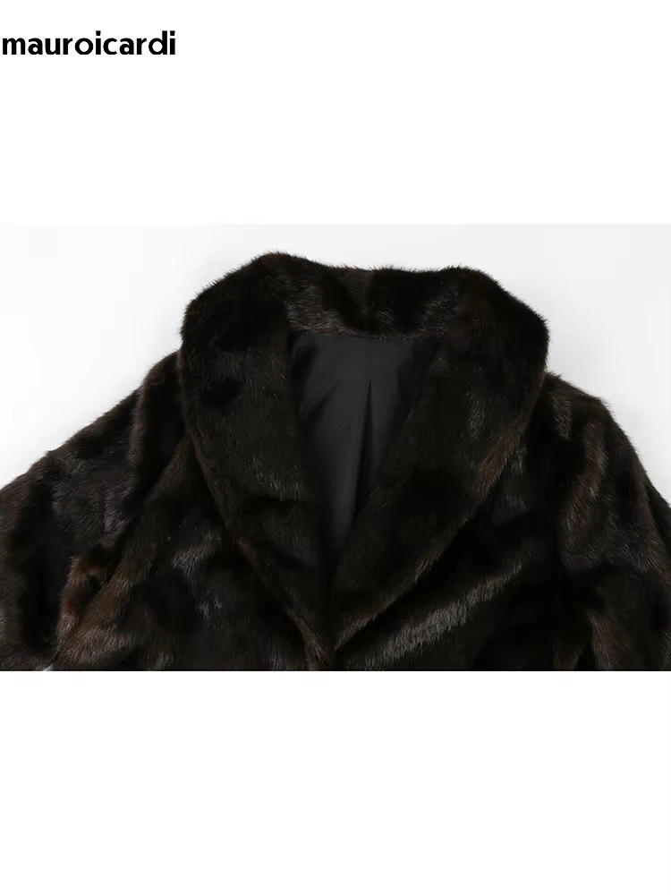 Mauroicardi Winter Extra Long Thick Warm Brown Fluffy Faux Mink Fur Coat Women Shawl Collar Luxury Elegant European Fashion 2024