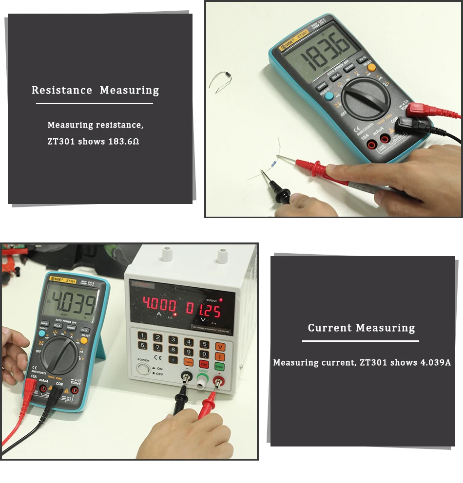 BSIDE Digital Multimeter ZT301 True-RMS DC/DA Voltmeter Ammeter Multimetro DMM Resistance Ohm Cap Hz Temp Tester