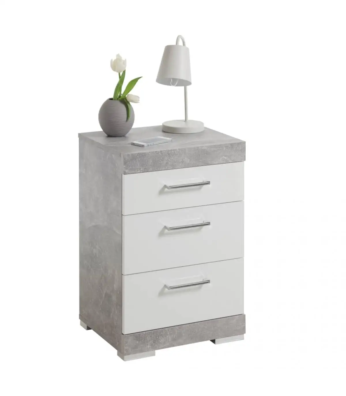 FMD bedside tables 3 drawers concrete gray and bright white bedside table