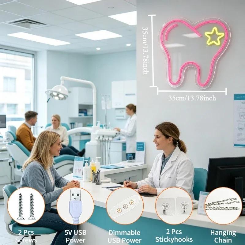 Tooth Shape Neon Sign LED Light Decor USB Rechargeable Wall Art Sign for Kids Room Bathroom Vanity Mirror Desk Dentistry Gift