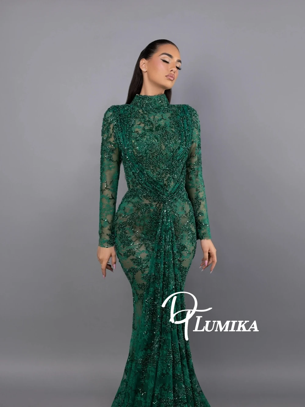 High-end Emerald Green Beaded Lace Mermaid Evening Dress High Neck Long Sleeve Luxury Formal Sparkling Party Gown Customized