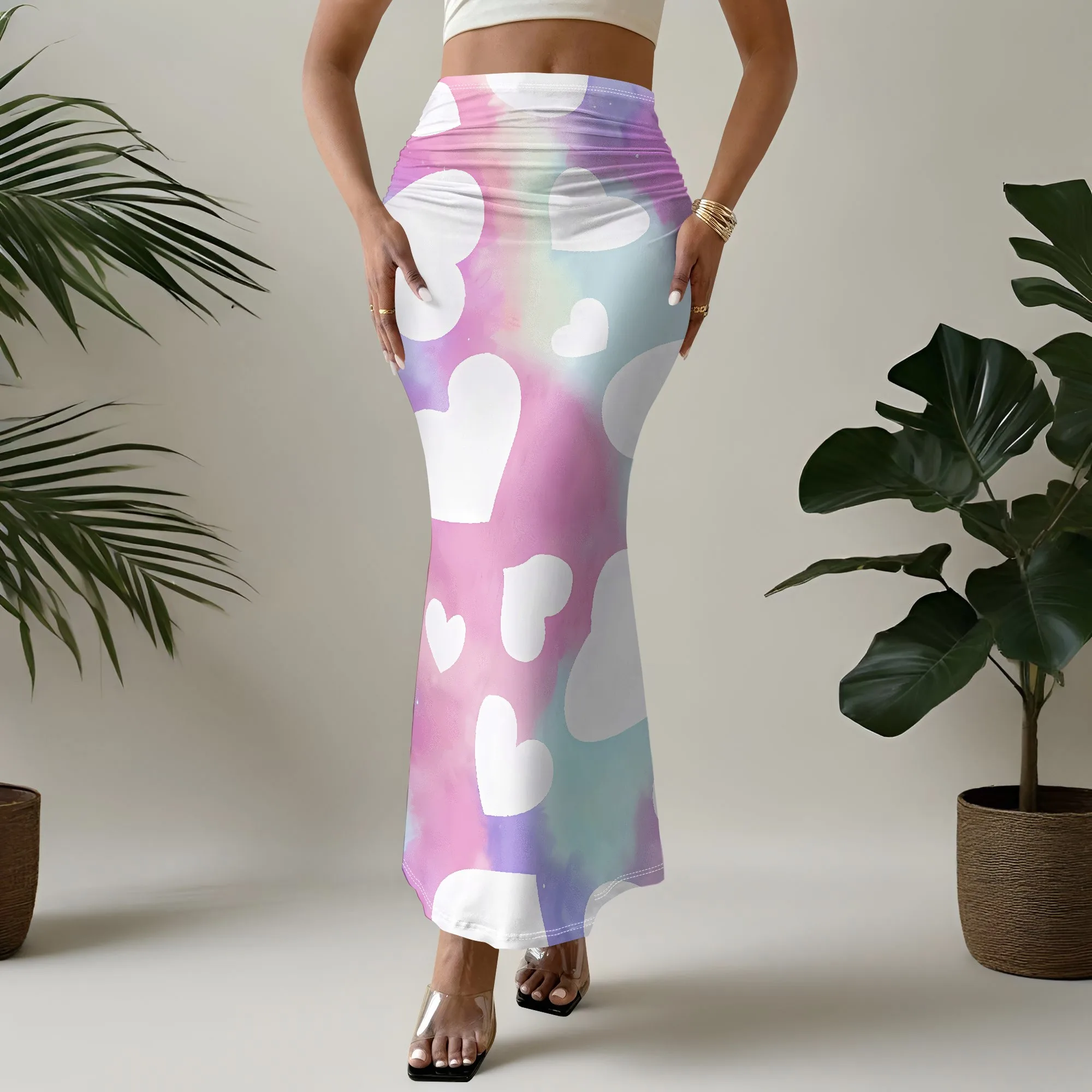 Heart Print, Mermaid Skirt, Pastel Tie Dye, Rainbow Gradient, Boho Beachwear, Summer Vacation, S-2XL