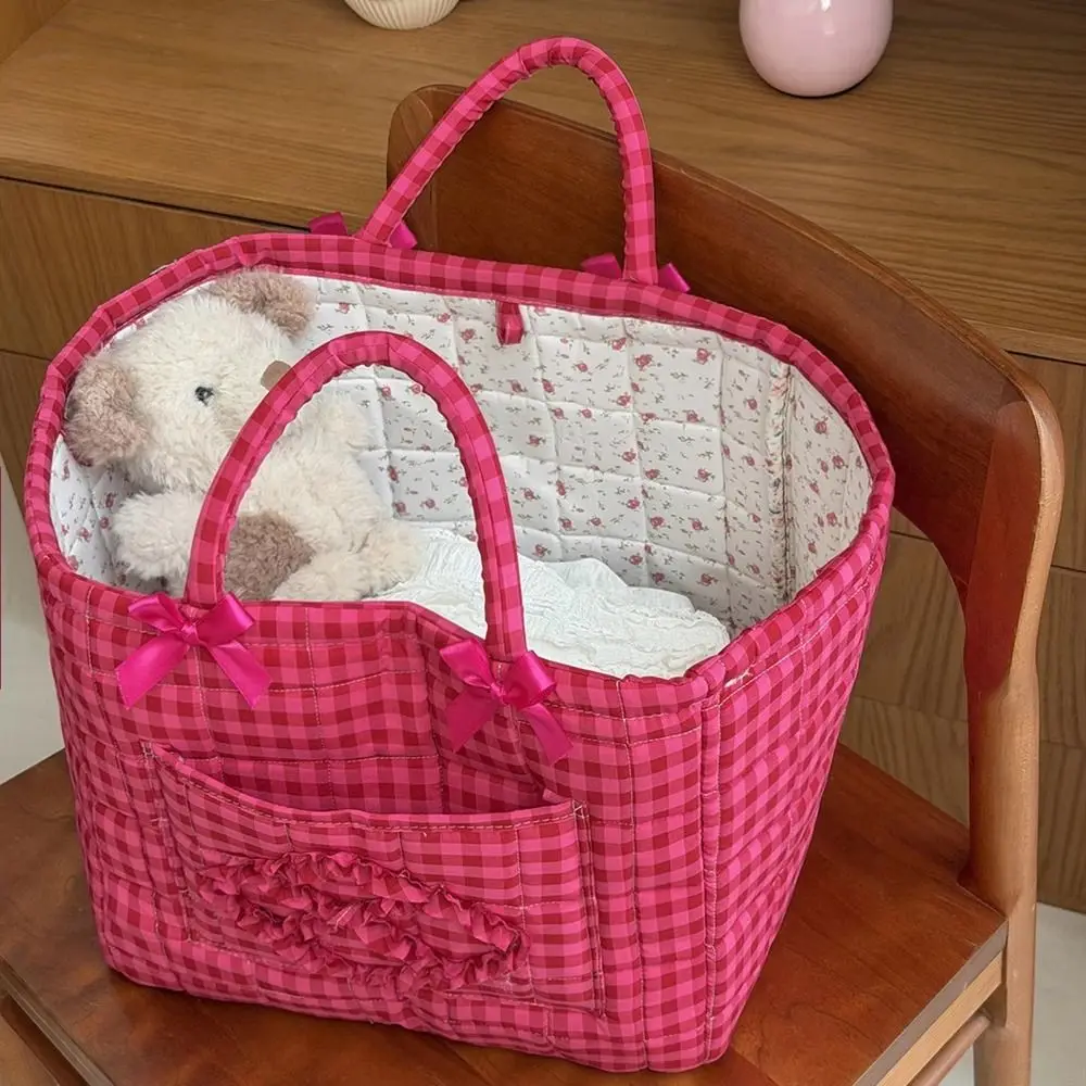 Large Capacity Red Plaid Storage Basket Folding Decorative Fabric Storage Basket with Handle Handheld Sundries Storage Organizer