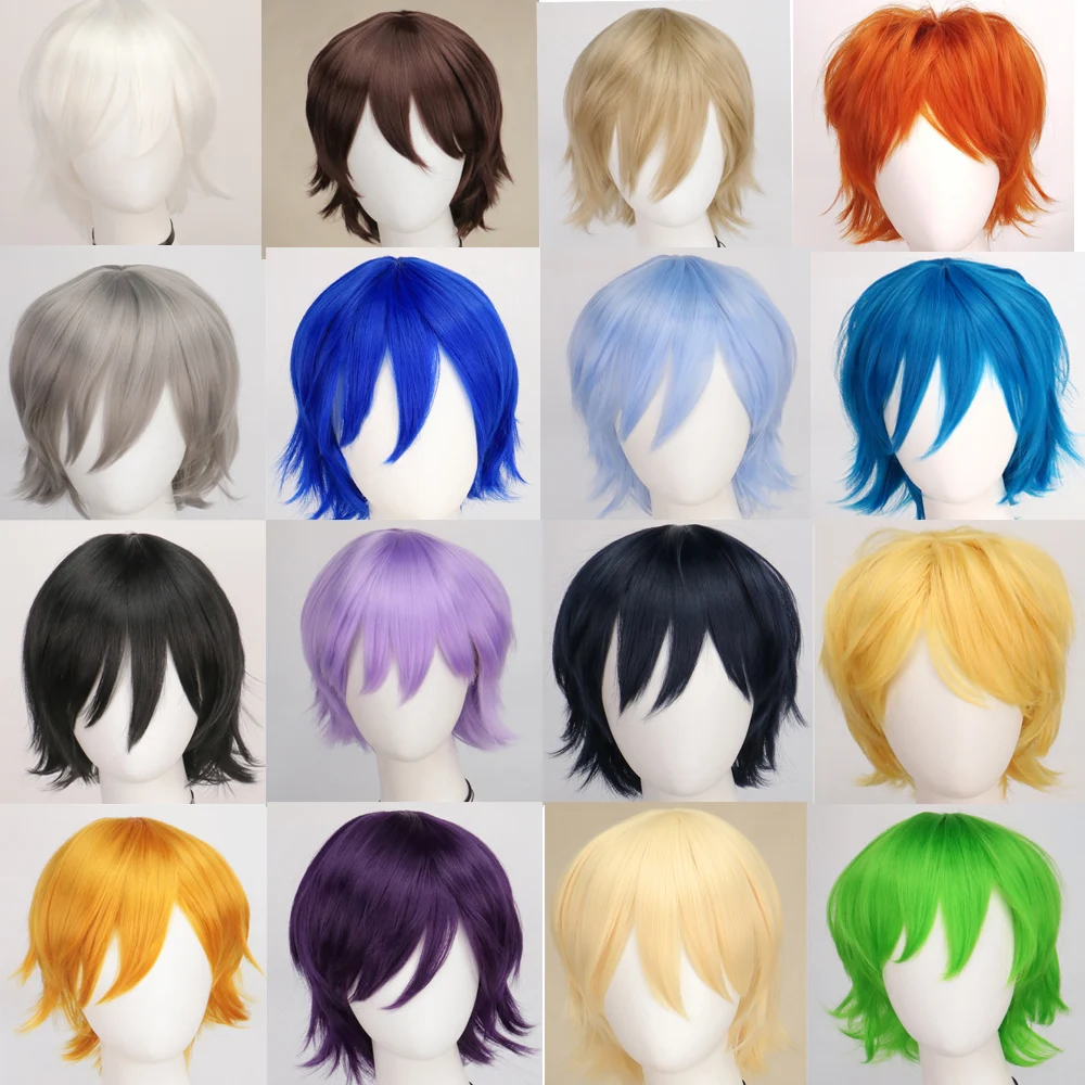 

Синтетические унисекс 12-дюймовые короткие волосы для косплея, вечерние белые, красные, розовые, блондинки, оранжево-желтые парики с челкой, парик Лолиты для мужчин и женщин