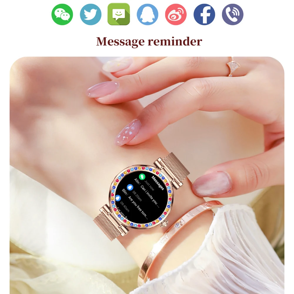 المرأة 1.27 "الزرقاء الأسنان دعوة موضة ساعة ذكية معدل ضربات القلب الأكسجين في الدم الرياضة اللياقة البدنية الموسيقى مقاوم للماء سيدة الصحة Smartwatch