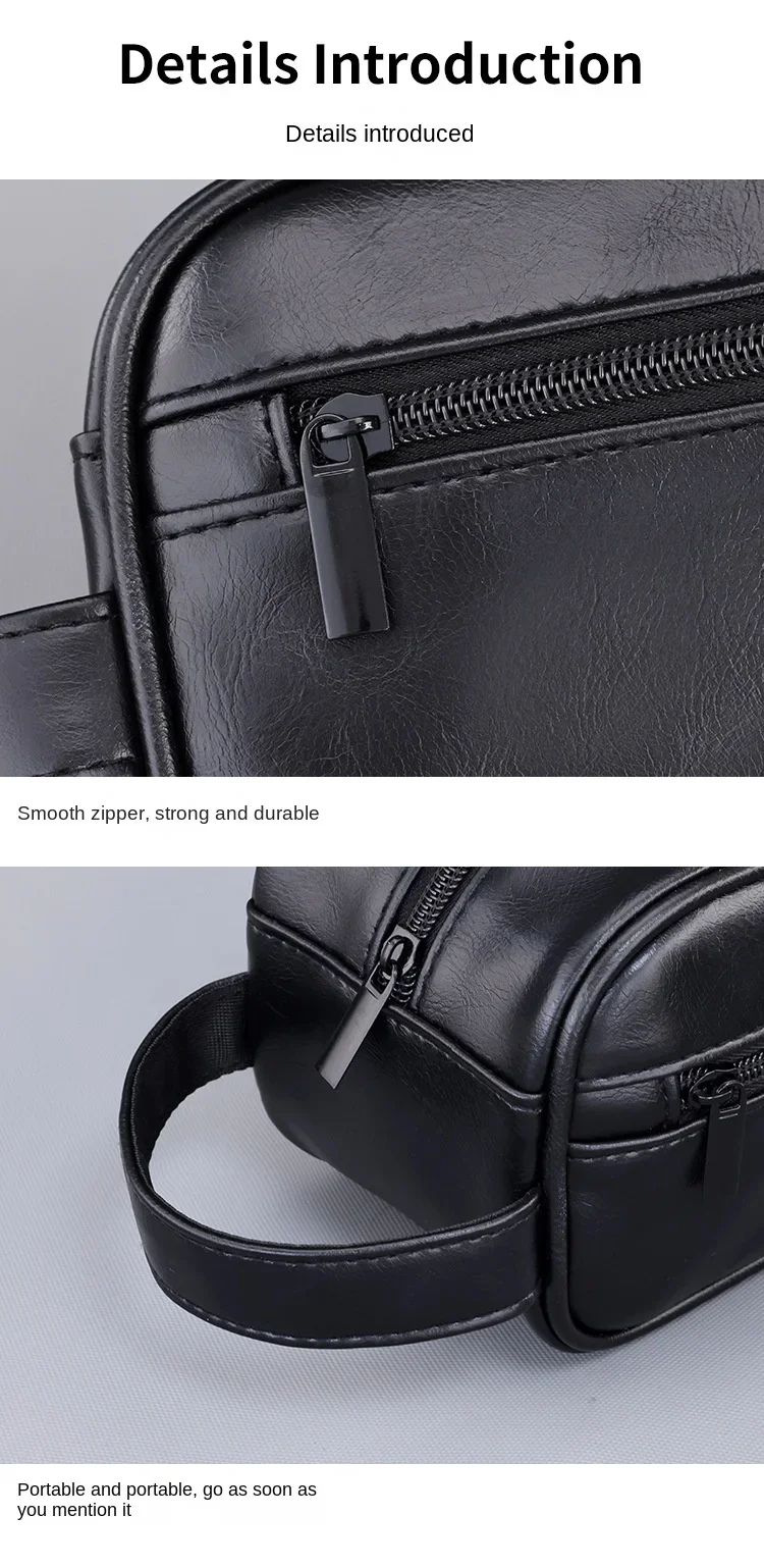 Kulturbeutel aus Leder für Herren, für Reisen, Geschäftsreisen, tragbare Kosmetiktasche, großes Fassungsvermögen, mehrere Taschen, handgehaltener Kulturbeutel aus Leder – Detail 13