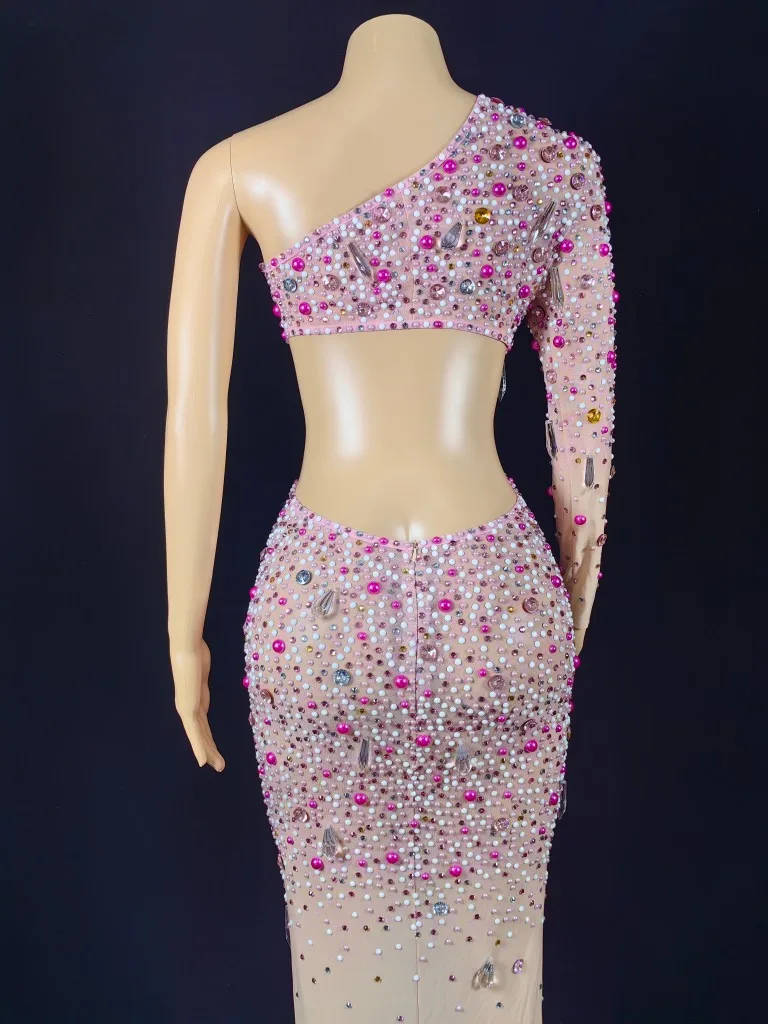 Trajes de palco de luxo feminino único manga longa cortar pérolas miçangas cravejado cristal spadex longo elástico vestidos de festa à noite
