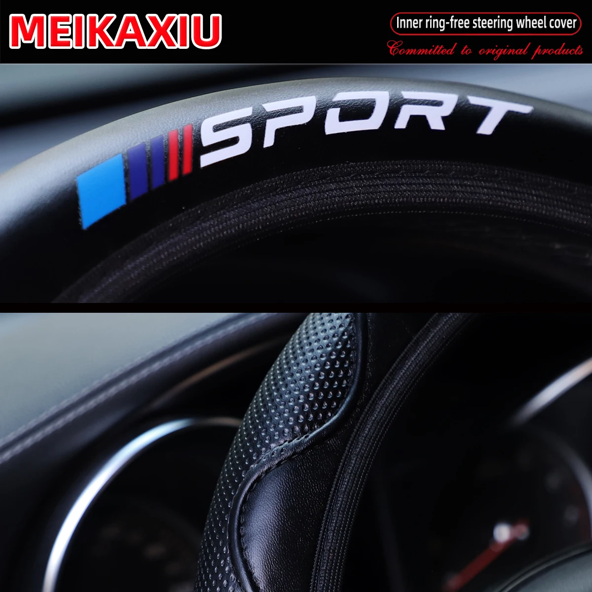 Sporty Steering Wheel Cover PU Soft Leather Artificial Sheepskin Embossed Comfortable Rimless Design for 14.5-15 Inches