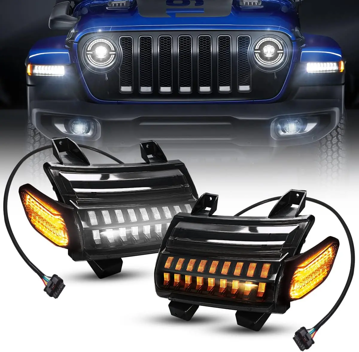 New Upgrade Led Fender Lights Amber White Smoke LED JL Turn Signal Lights with DRL & Side Marker Lights