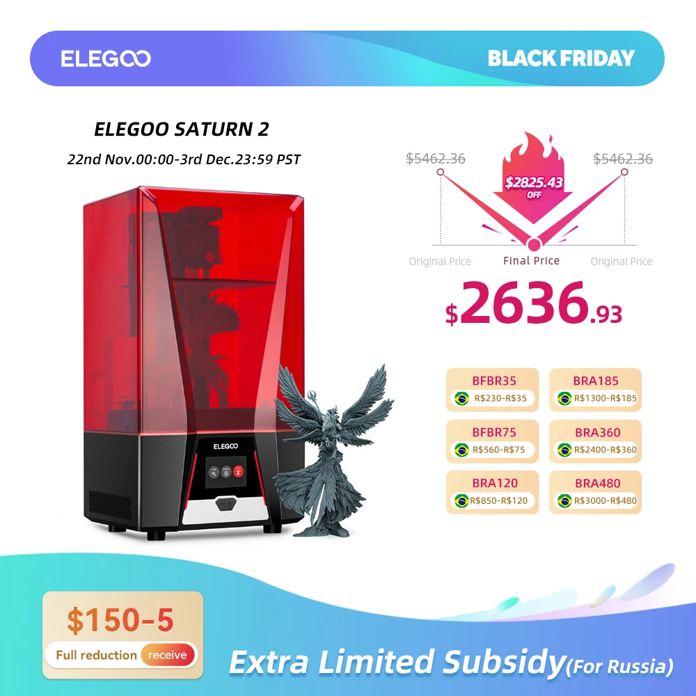 ELEGOO SATURN 2 Mono MSLA 3D Printer UV Resin Photocuring 8K LCD 3D Printer 10'' 8K LCD Printing Size 219*123*250mm