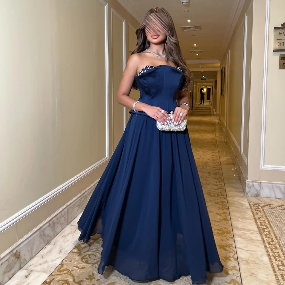 맞춤형 우아한 심플한 쉬폰 라인스톤 플리츠 A라인 스트랩리스 발목 길이 드레스 맞춤형 행사 드레스 패션 섹시