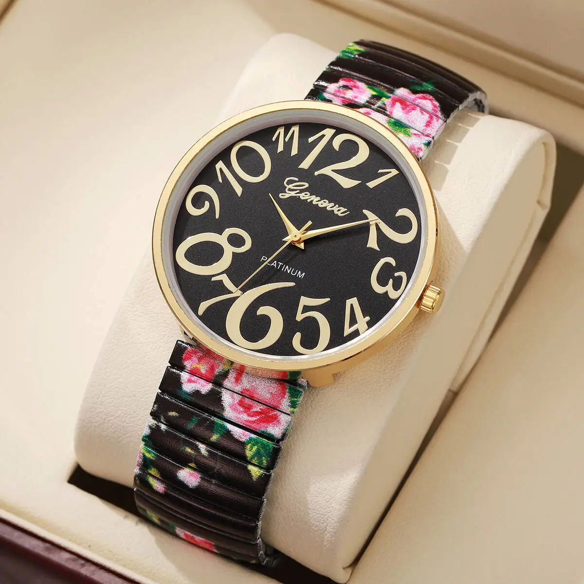 Fashion Flowers Printed Women Watch Luxury Elastic Strap Female Arabic Quartz Watches Reloj Mujer Girls Clock GiftWithout Box