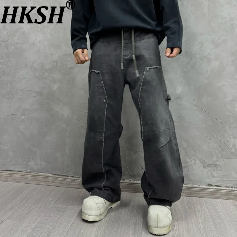 

HKSH Spring Autumn New Man American Style Distressed Washed Patchwork Ins Trend Casual Dirty Dye High Street Cargo Pants HK14332