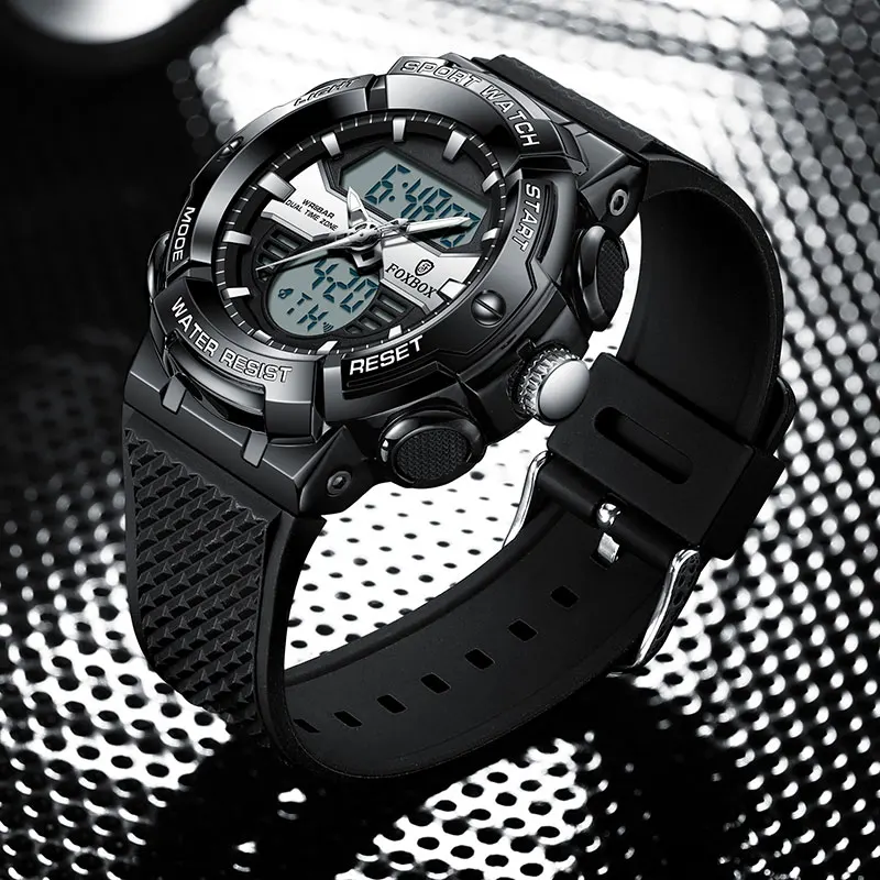 ساعة LIGE الفاخرة للرجال FOXBOX ساعات مقاومة للماء للرجال منبه وتاريخ رياضي عسكري إلكتروني وعرض مزدوج