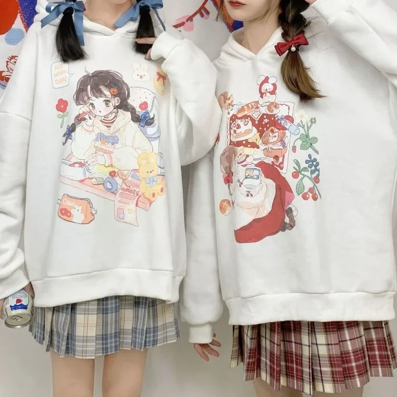 

White Preppy Style Sudadera Hooded Japanese Y2k Women Oversize Tops Harajuku Anime Cartoon Print Sweet Kawaii Sweatshirt