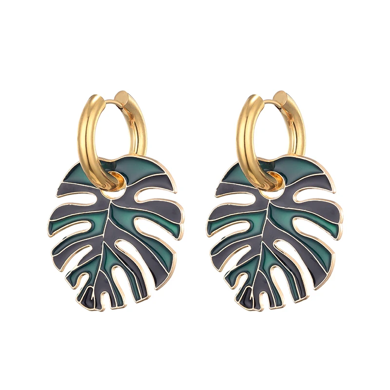 Heiße Bunte Große Blatt Anhänger Gold Farbe Edelstahl Ohrringe Für Frauen Schmuck Vintage Aussage Emaille Runde Creolen – Detail 5